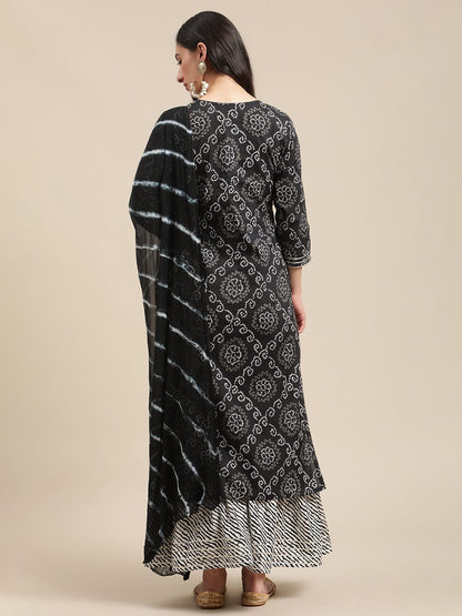 Women's Black And White Bandhej And Leheriya Printed Zari Embroidery Kurta Sharara Set With Leheriya Dupatta