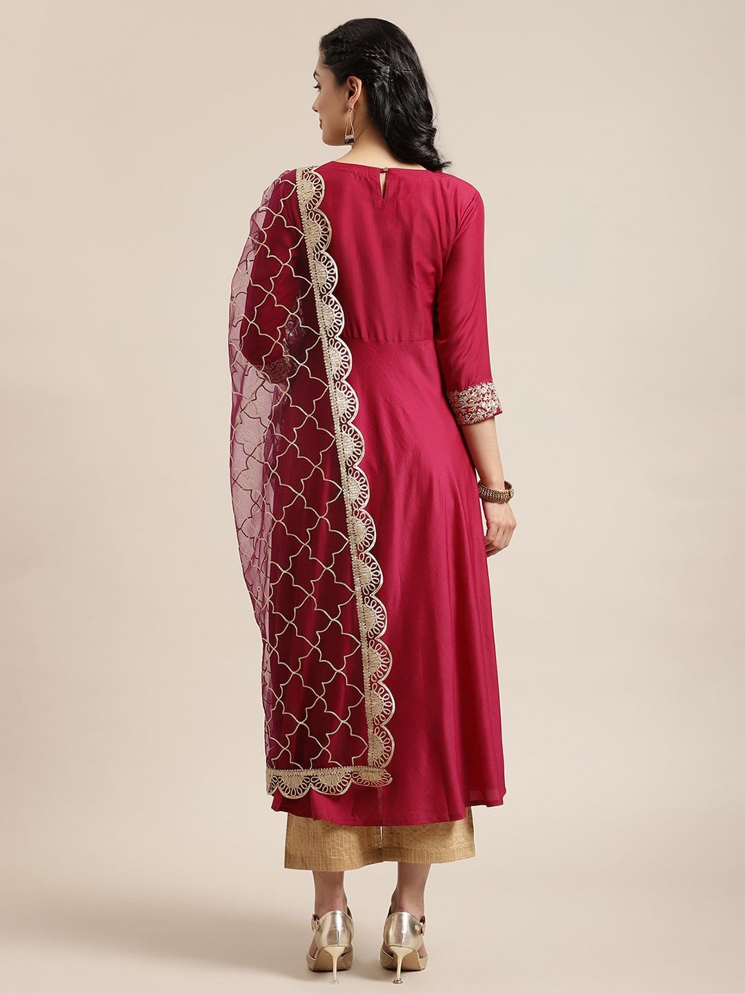 Women's Magenta And Gold Anarkali, Solid Kurta With Zari Work On Yoke And Paired With Gold Pant And Heavy Gota Embroidered Dupatta