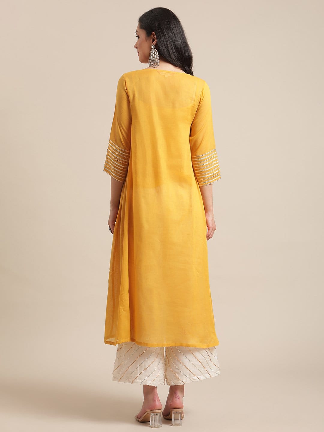 Women's Mustard Gota Embellished Kurta With Off White Gota Embellished Palazzo