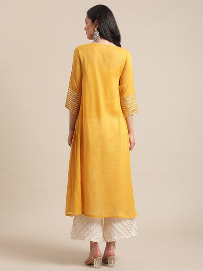Women's Mustard Gota Embellished Kurta With Off White Gota Embellished Palazzo