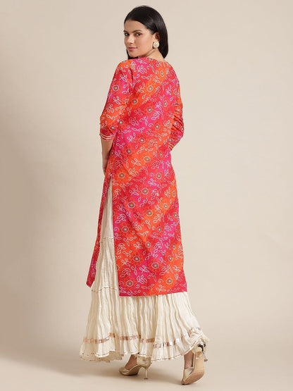 Women's KSUT Pink And Orange  Bandhani Zari Embroidery Kurta With Gota Embellished Sleeves