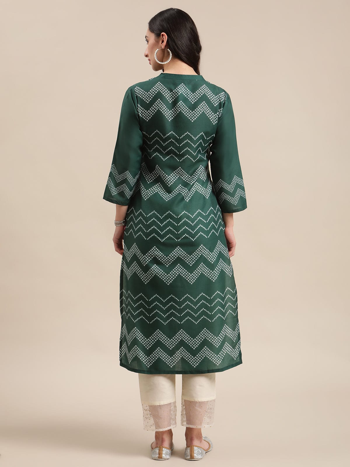 Women's Green And Bandhej Mandarin Collar Straight Kurta