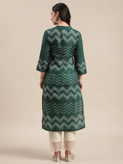 Women's Green And Bandhej Mandarin Collar Straight Kurta