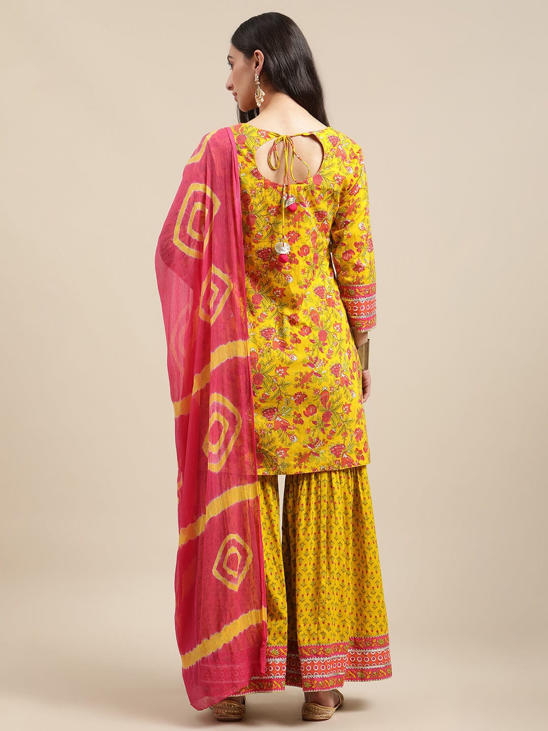 Women's Mustard Floral Gota Embellished Printed Kurta Sharara Set With Pink Tie N Dye Dupatta