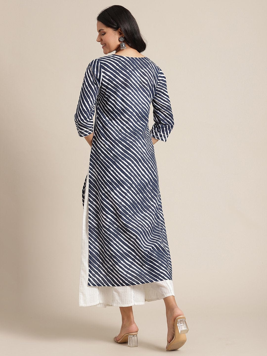 Women's Navy Blue Leheriya Printed Kurta With Gota Embellished  Yoke And Sleeves