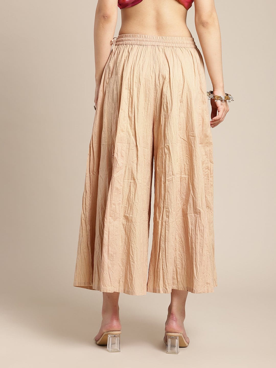 Women's Beige Flared Crushed Palazzo