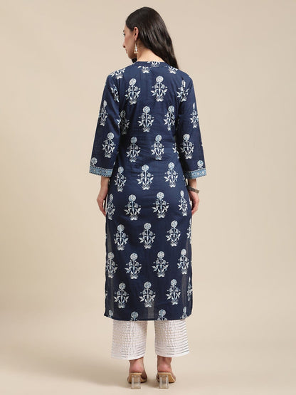 Women's Indigo Floral Printed Kurta With Patch Embroidery On Yoke And Sleeves