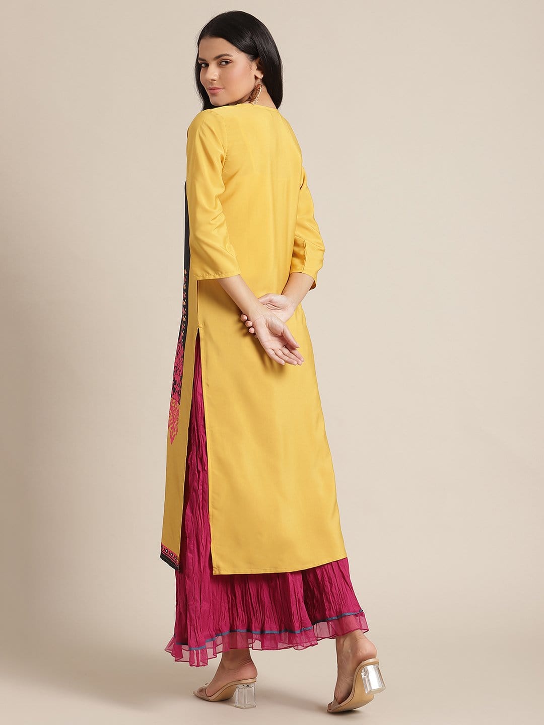 Women's KSUT Yellow And Black Abstract Printed Straight Kurta With 3/4Th Sleeves