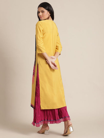 Women's KSUT Yellow And Black Abstract Printed Straight Kurta With 3/4Th Sleeves