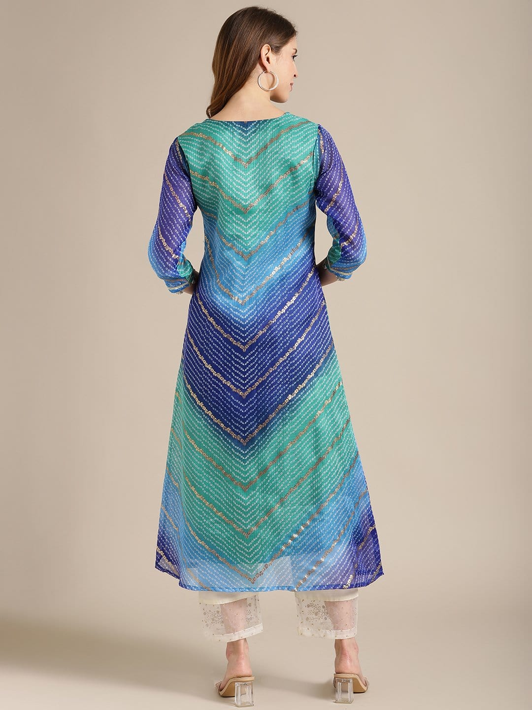 Women's Blue And Sea Green Bandhej Foil Printed Kurta With Gota Fan Embellishment On Yoke