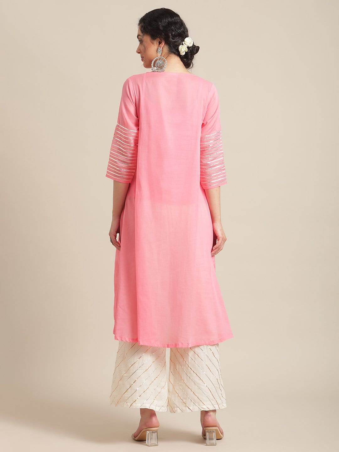Women's Peach Gota Embellished A Line Kurta With Gota Embellished Palazzo