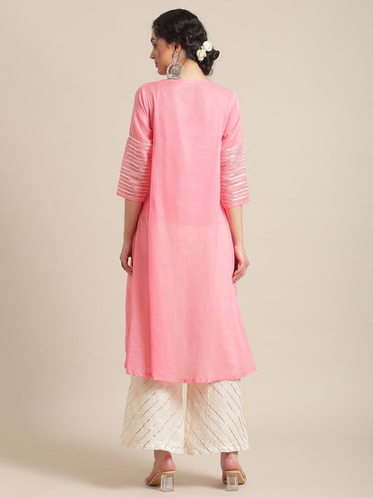 Women's Peach Gota Embellished A Line Kurta With Gota Embellished Palazzo