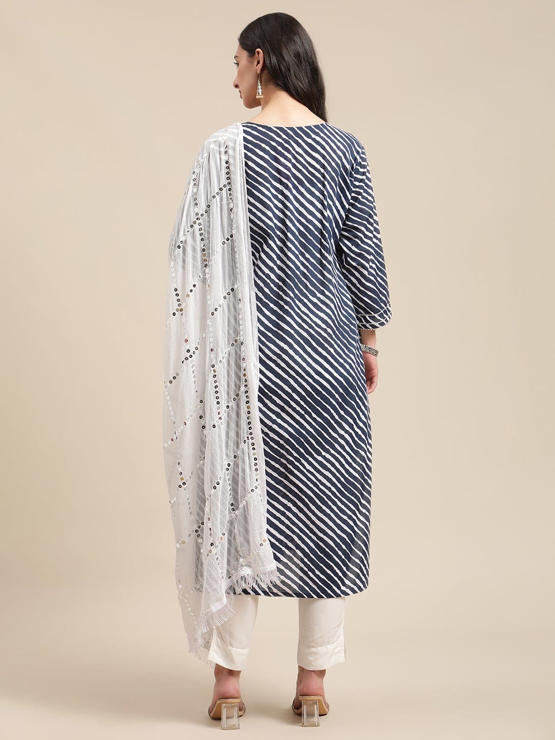 Women's Navy Blue And White Leheriya Gota Work Kurta With Trouser And Sequins Emebllished Dupatta