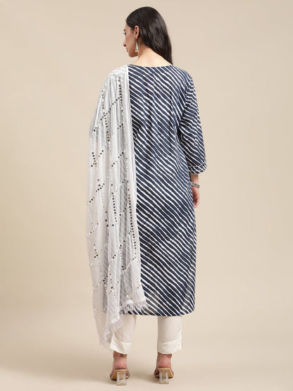 Women's Navy Blue And White Leheriya Gota Work Kurta With Trouser And Sequins Emebllished Dupatta