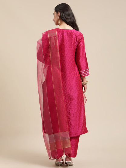 Women's Magenta Floral Gota Patti Embroidery Kurta Trouser Set With Organza Dupatta