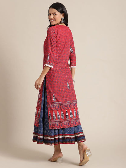 Women's KSUT Red And Blue Floral Printed Straight Kurta With 3/4Th Sleeves