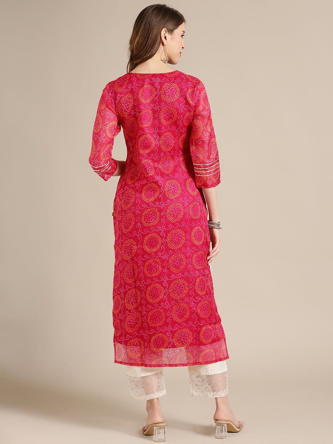 Women's KSUT Pink Bandhej Kurta With Zari Embellished Yoke Embroidery And 3/4Th Sleeves