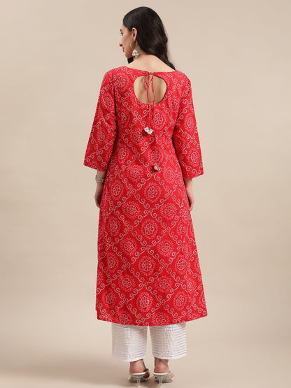 Women's Red Bandhej A Line Gota Embellished Kurta With Round Keyhole At Back