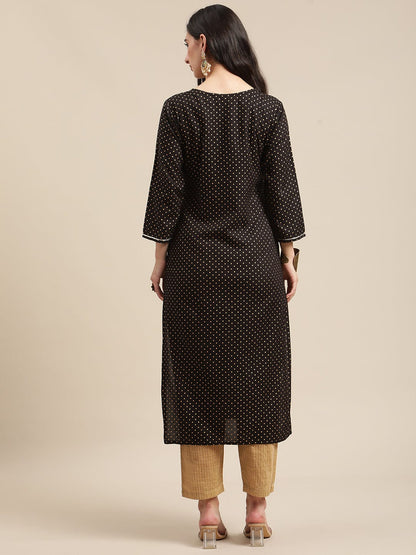 Women's Black And Gold Mirror Work Kurta With Golden Self Design Trouser