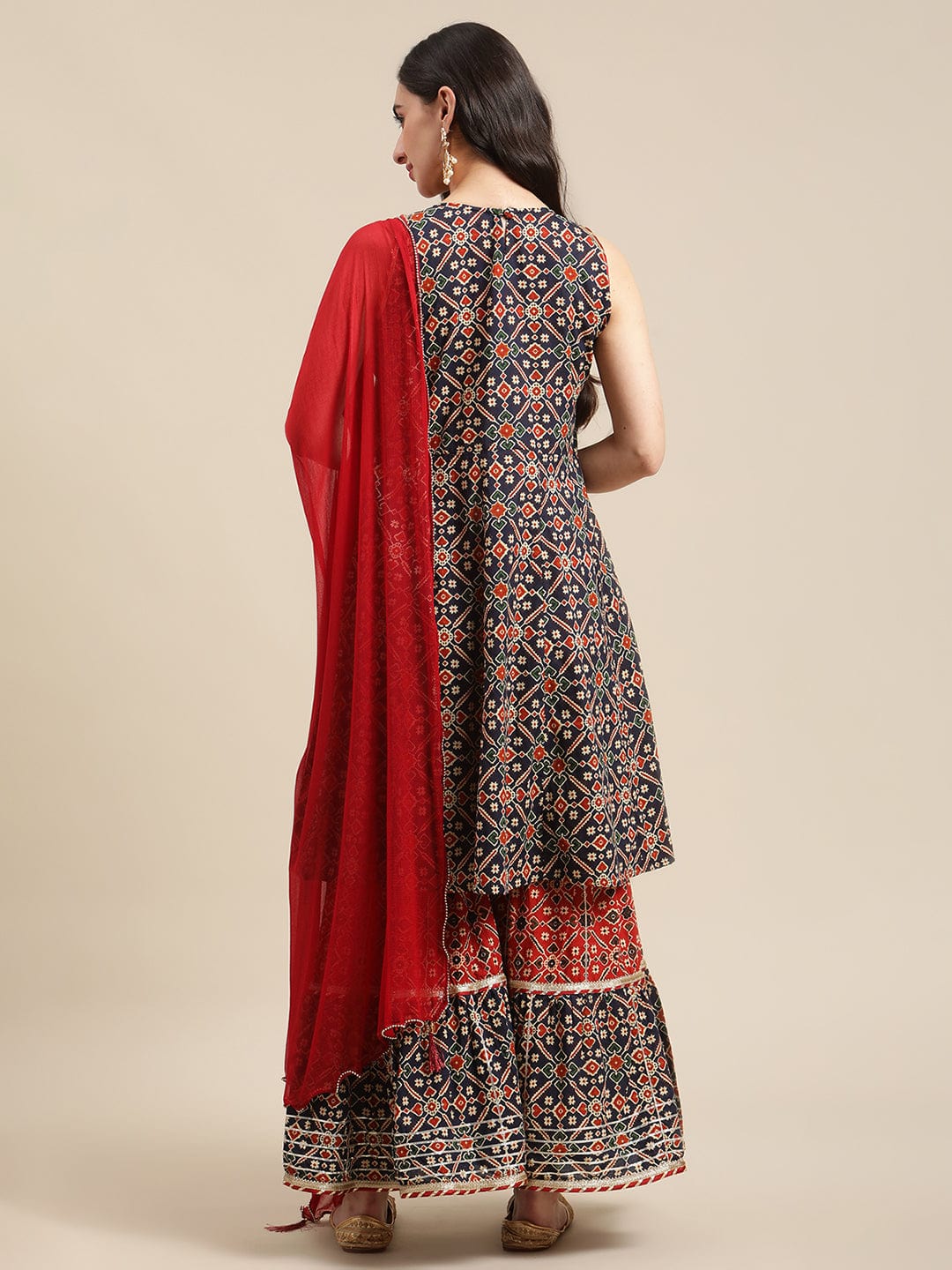 Women's Blue And Maroon Patola Printed Panelled Kurta Sharara Set With Chiffon Dupatta