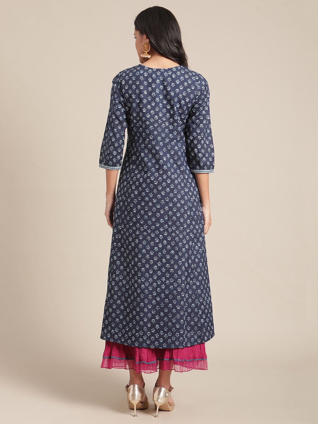 Women's Blue Floral Ankle Length Flared Kurta With Regular Sleeve And Round Neck