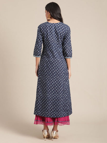 Women's Blue Floral Ankle Length Flared Kurta With Regular Sleeve And Round Neck