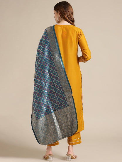 Women's Mustard Kurta With Mutli Color Woven Yoke And Banarasi Dupatta