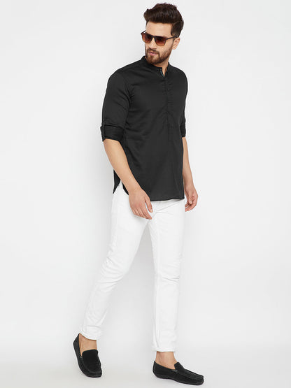Men's Black Cotton Solid Shirt Kurta
