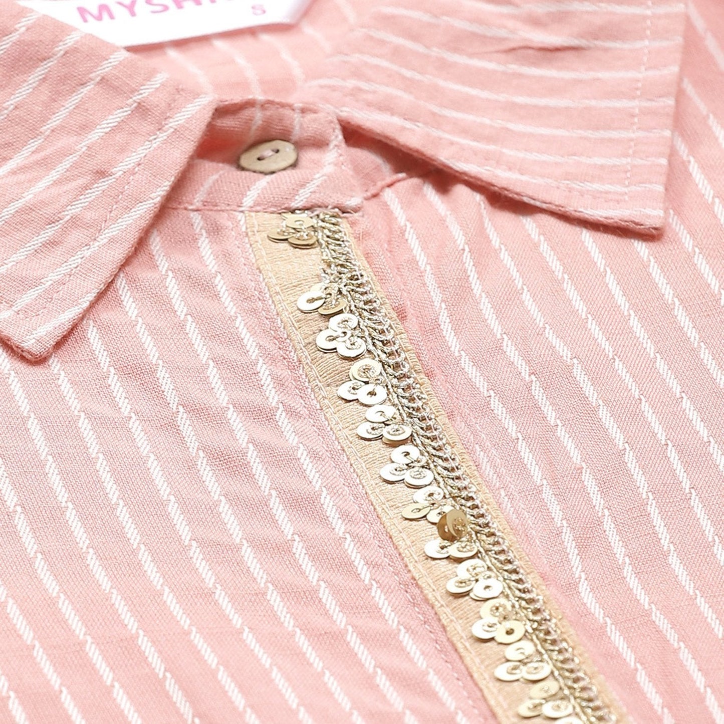Women's Pink Cotton Check 3/4 Sleeve Shirt Collar Casual Kurta Only