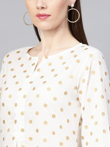 Women's White & Beige Polka Dots Printed A-Line Dress