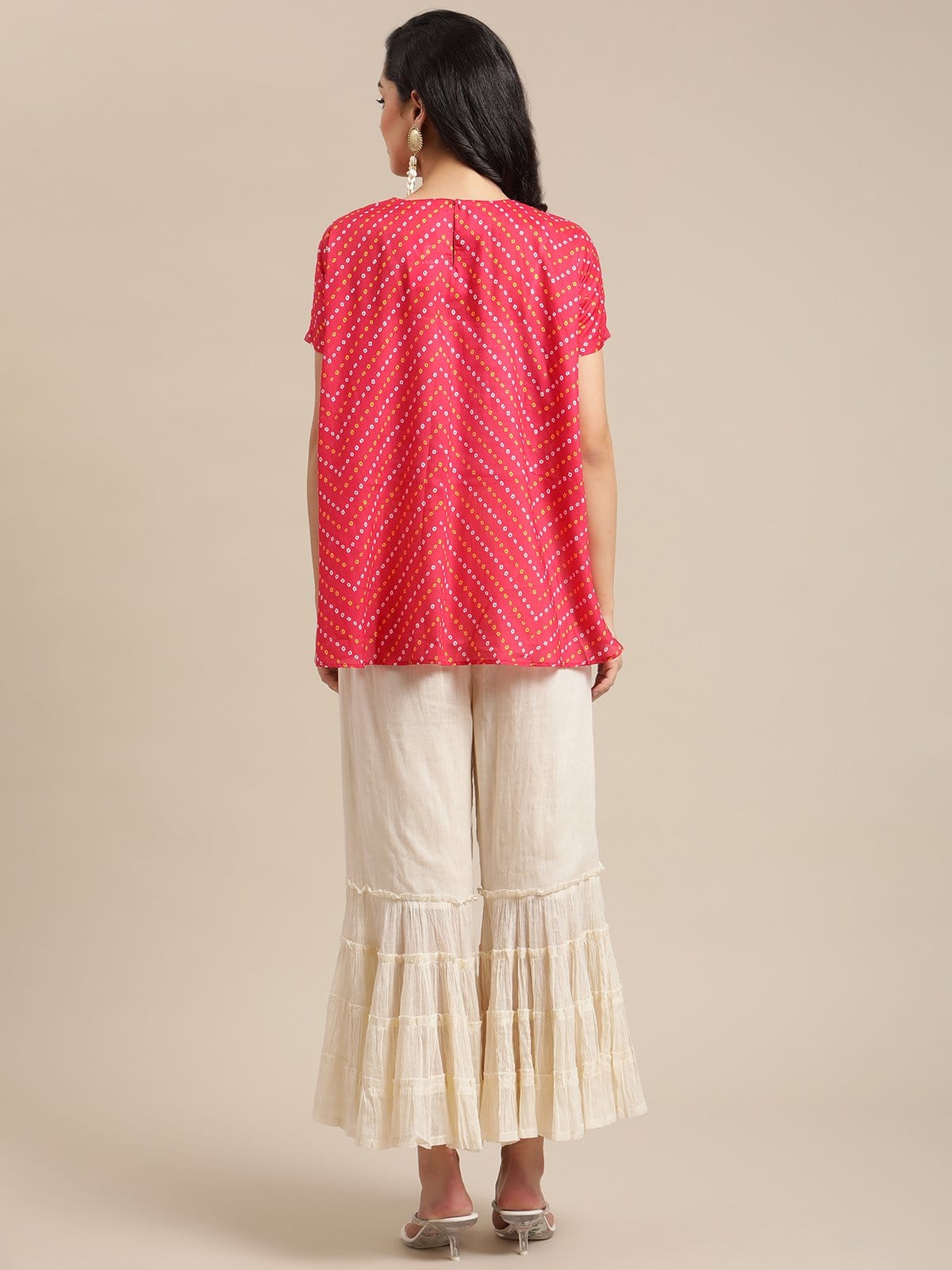 Women's Pink Bandhej Gota Patti Embellished Top With Off White Shrarara Set
