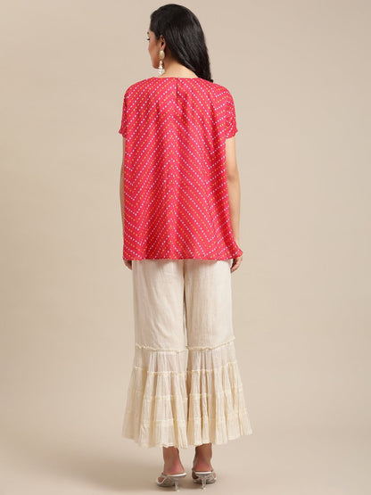 Women's Pink Bandhej Gota Patti Embellished Top With Off White Shrarara Set