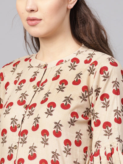 Women's Pink Cotton Printed Bell Sleeves Round Neck Casual Kurta Only