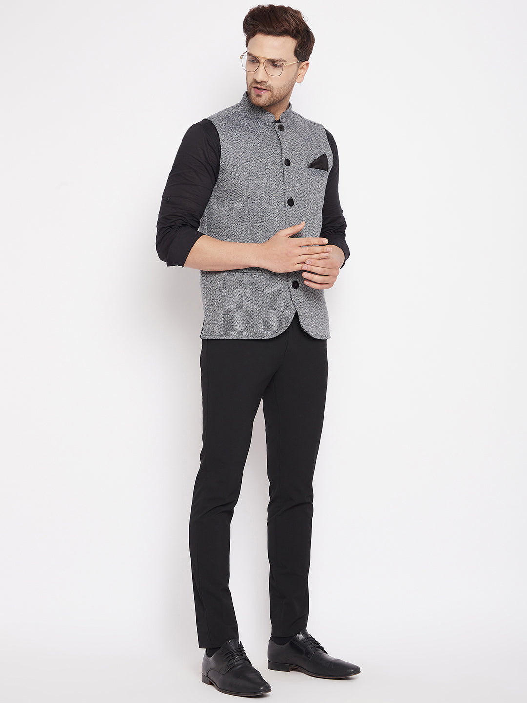 Men's Grey Color Woven Nehru Jacket