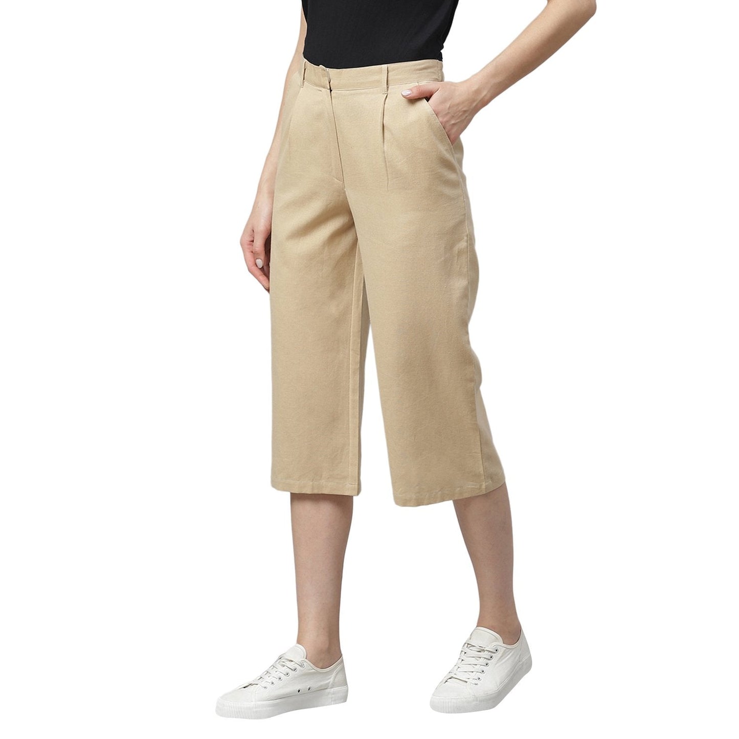 Women's Off White Cotton Solid Casual Trouser