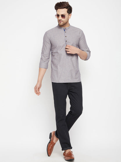 Men's Grey Color Short Kurta with Band Collar