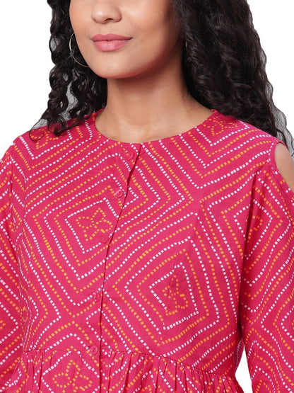 Women Pink Printed Cotton Top by Myshka (