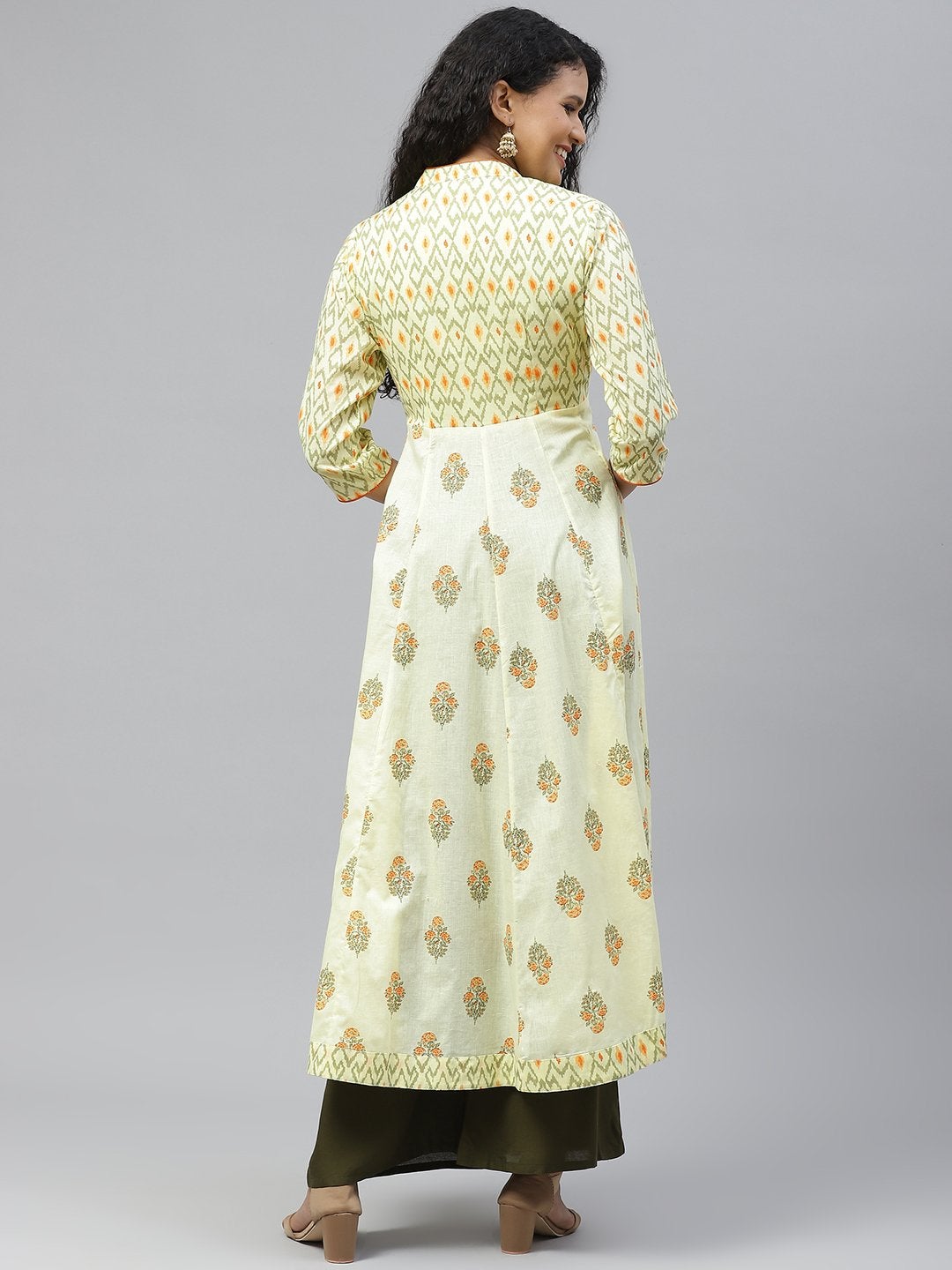 Women's Yellow Stylish Print Cotton Anarkali Kurta