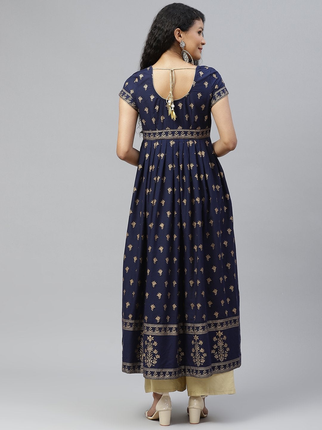 Women's Golden Print Blue Stylish Cotton Anarkali Kurta