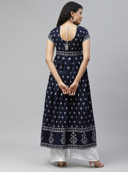 Women's Blue Silver Print Stylish Cotton Anarkali Kurta