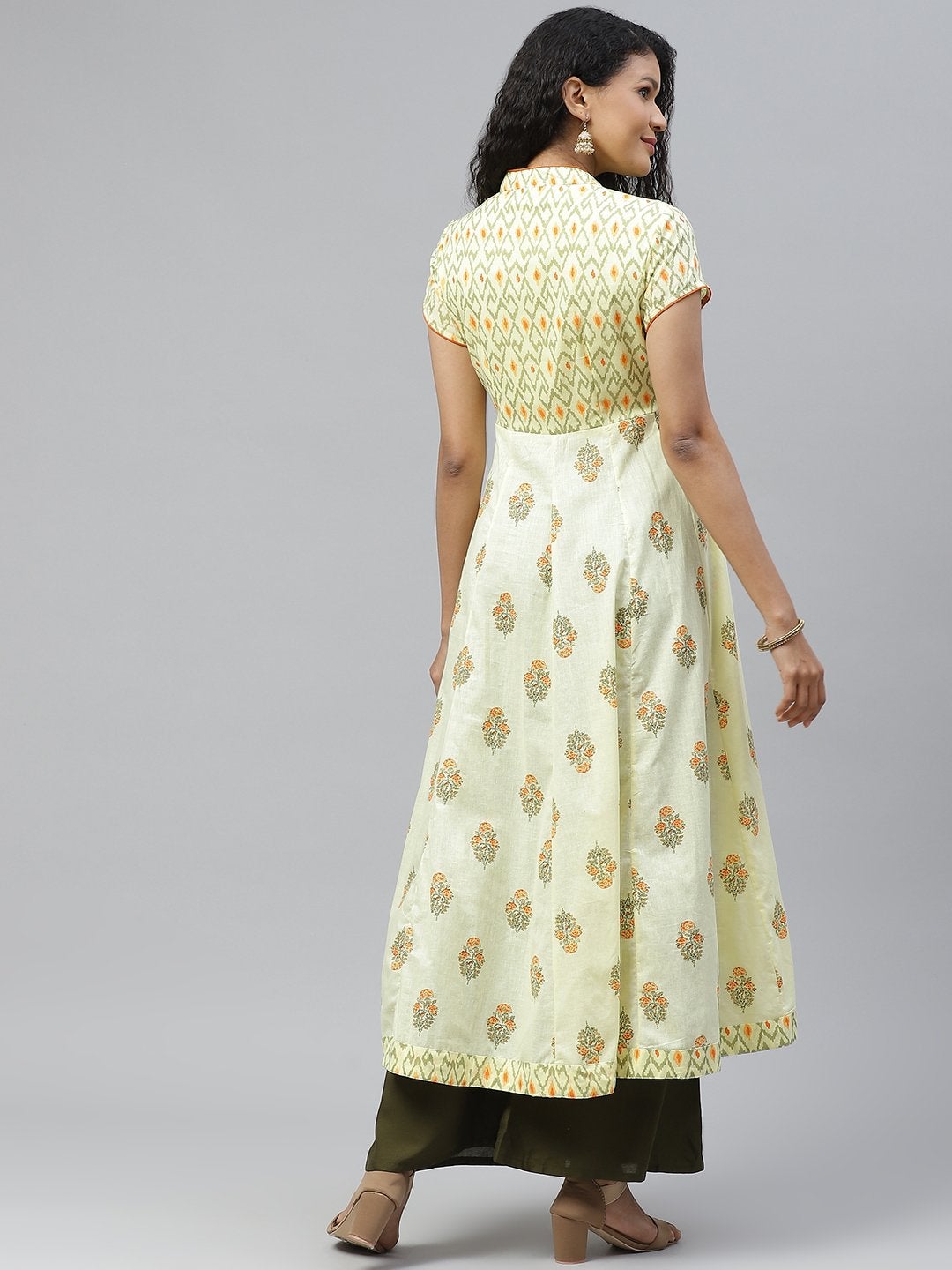 Women's Yellow Print Chinese Neck Cotton Anarkali Kurta