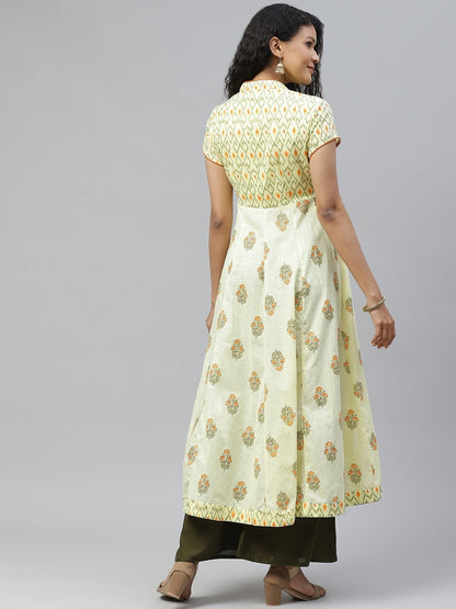 Women's Yellow Print Chinese Neck Cotton Anarkali Kurta