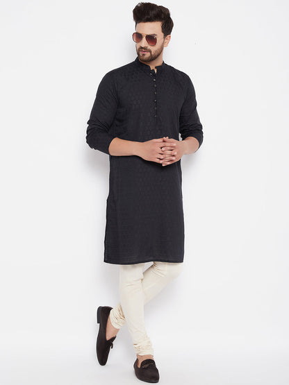 Men's Woven Design Black Straight Kurta