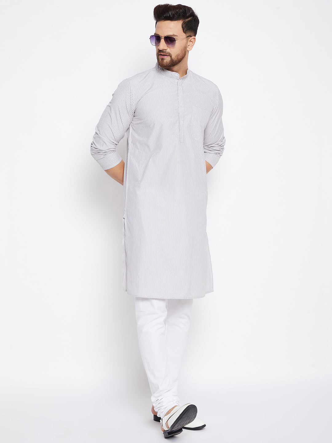 Men's Cotton Striped Grey Kurta