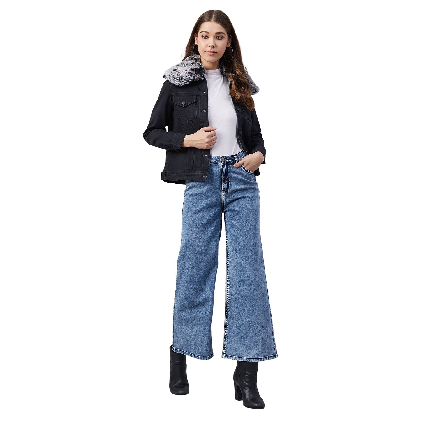 Women's Black Denim Jacket with Detachable Grey Collar