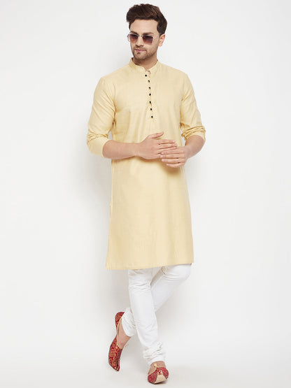 Men's Beige Color Long Kurta with Band Collar