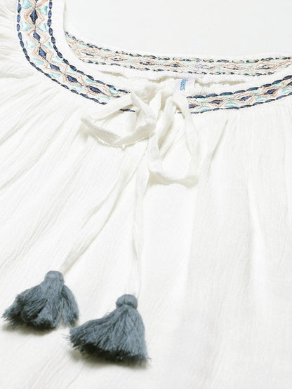 Women's White Rayon Crepe Embroided Top (1pc)
