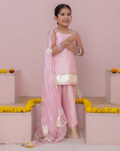Girl's Mini Pink Solid Chanderi Suit Set