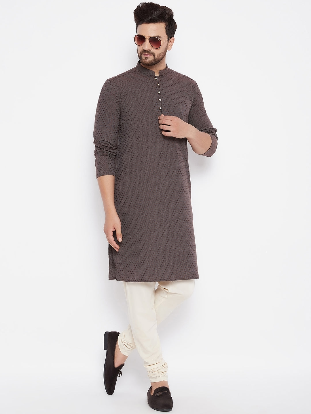 Men's Woven Design Brown Straight  Kurta