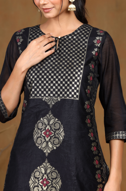 Women's Black Modal Chanderi Printed Straight Kurta